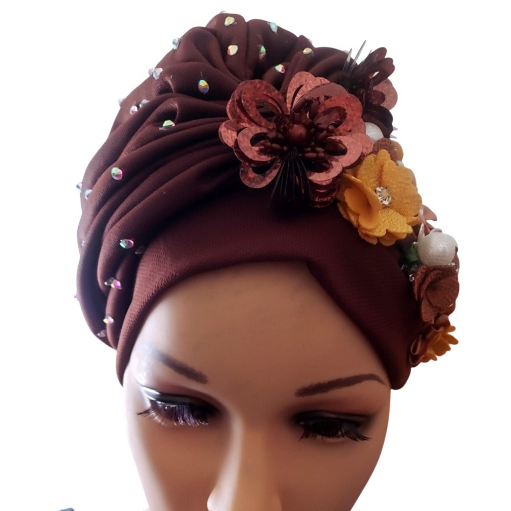 Elegant Brown Turban Headwrap Embellished with Rhinestones and Flowers for Women - Picture 8 of 8